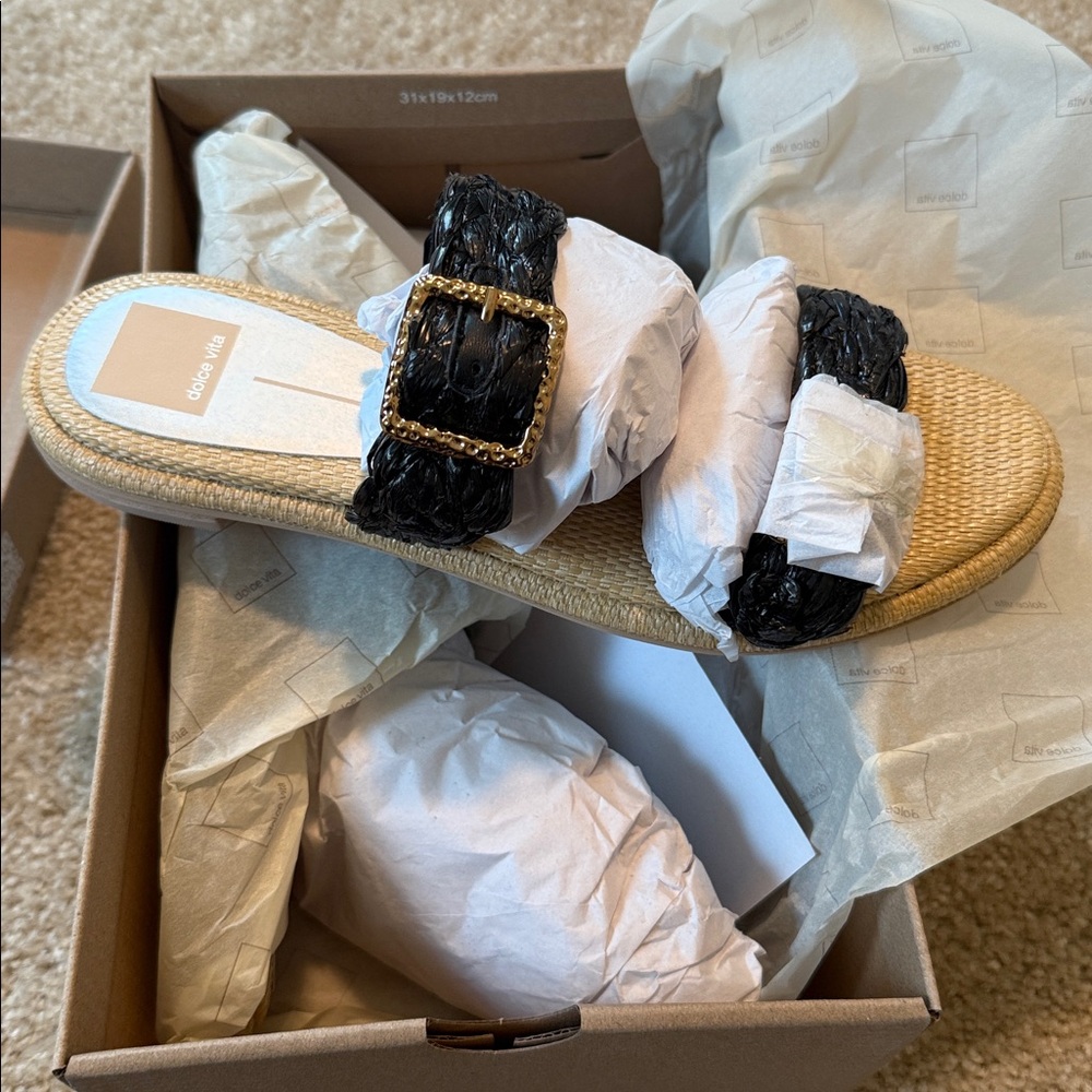 Dolce Vita Alaina slide sandal black gold bamboo buckle raffia size 9 9.5 shoe - Picture 3 of 7